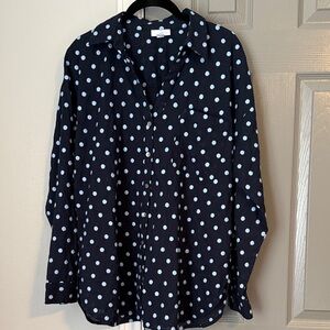 J. Jill Navy and Embroidered Light Blue Polka Dot Button Down Cotton Blouse